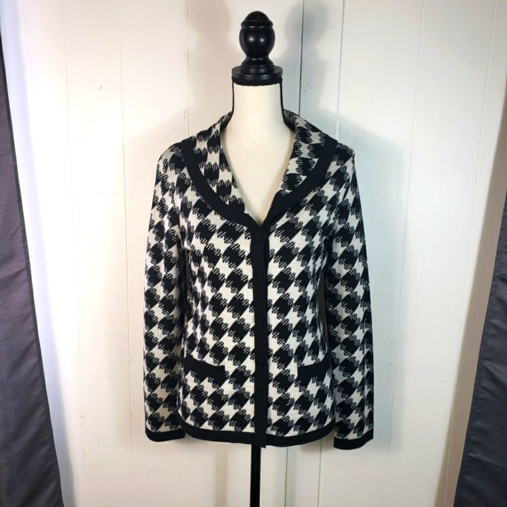 PENDLETON Black White Houndstooth Merino Wool Knit Cardigan Size Extra Small